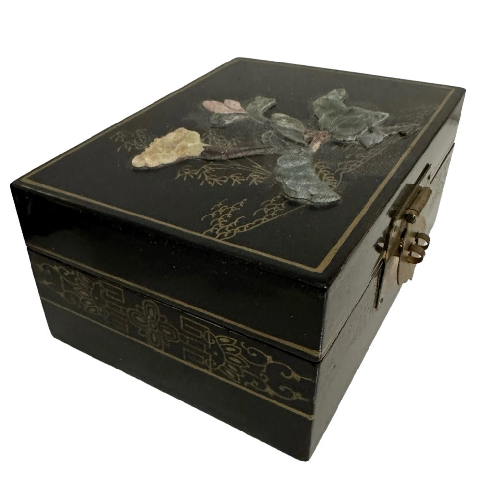 Vintage Coated Black Lacquer on Hardwood Floral Jade Stone Inlayed Jewelry Box